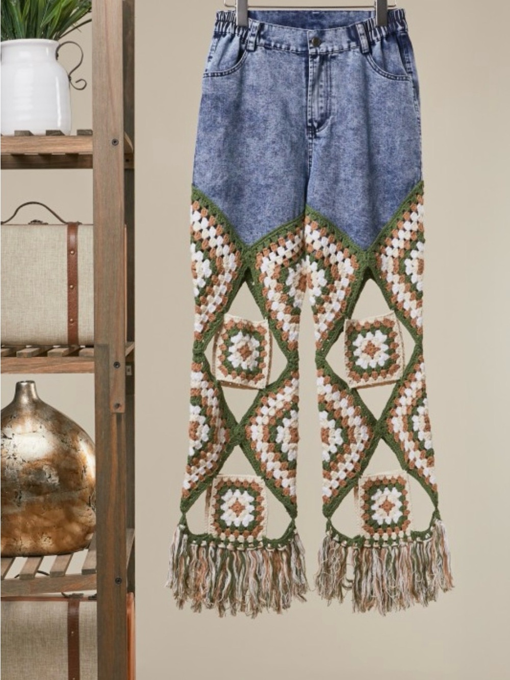 Granny Square Crochet, High-Rise Boho Jeans in brown and Green